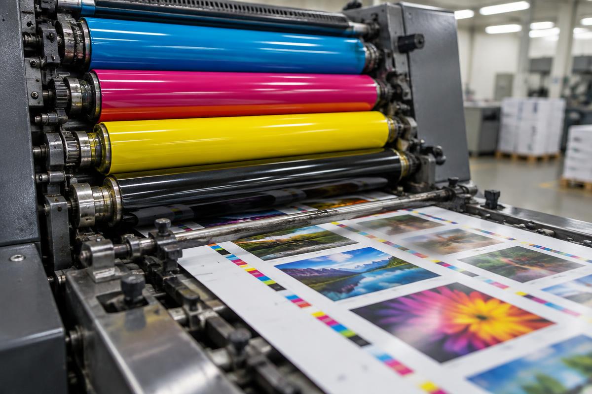 CMYK festékhengerek egy ofszet nyomdagépben